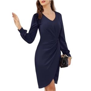 🆕Long Sleeve V Neck Twist Front Split Stretchy Bodycon Dress in Navy